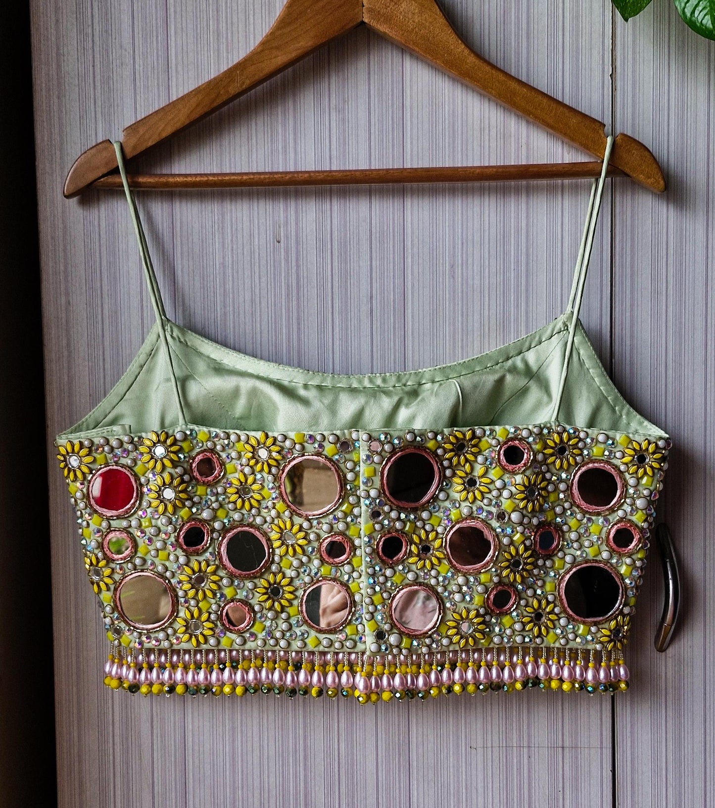 Hand Embroidered Mint Green Bejeweled Blouse, Mirror, Beads Embellished Silk Spaghetti DVBL_511