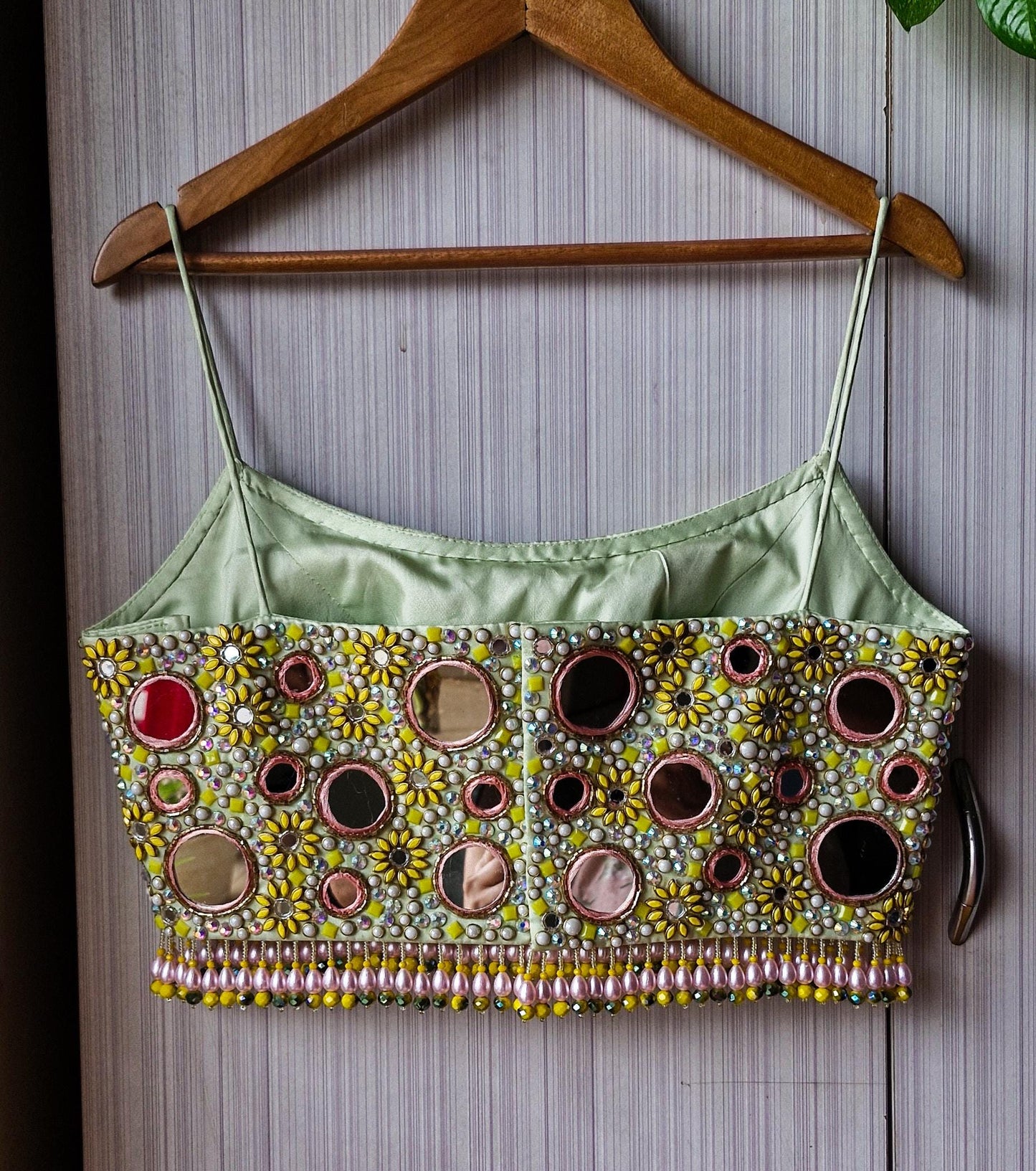 Hand Embroidered Mint Green Bejeweled Blouse, Mirror, Beads Embellished Silk Spaghetti DVBL_511