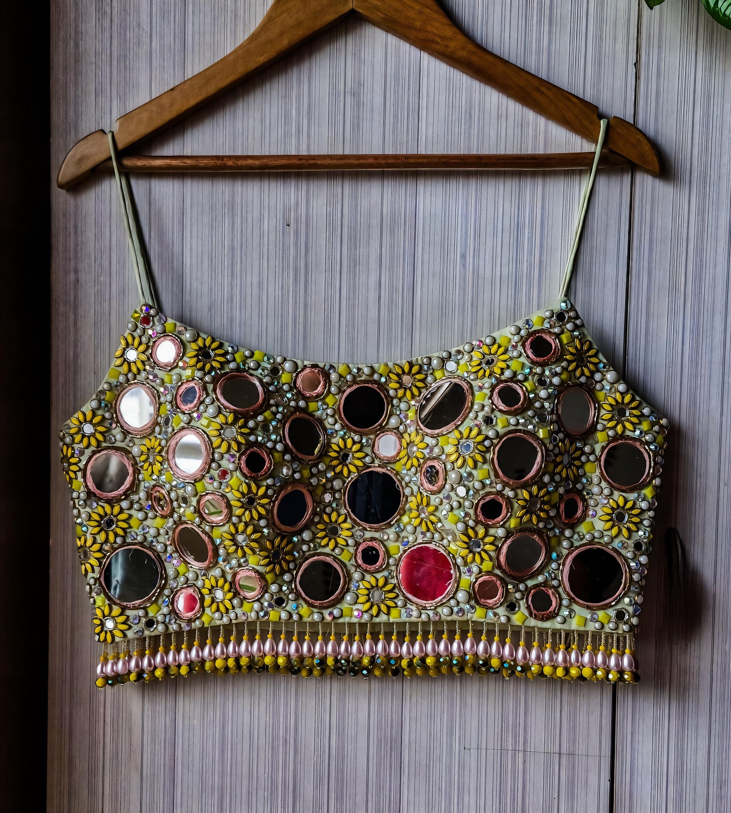 Hand Embroidered Mint Green Bejeweled Blouse, Mirror, Beads Embellished Silk Spaghetti DVBL_511
