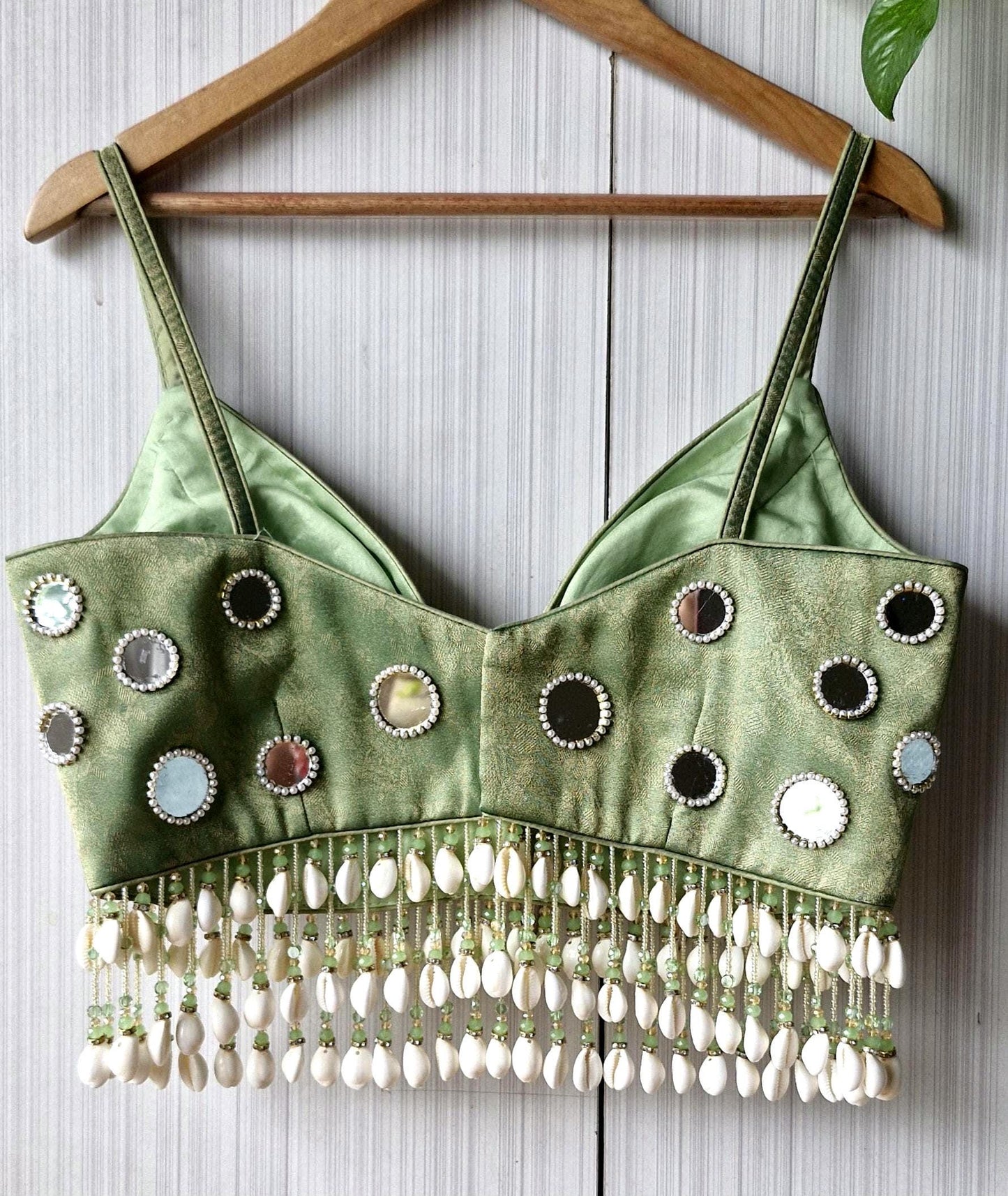 Hand Embroidered Sage Green Saree Blouse, Mirror, Shells Embellishment, Plunge Lehenga Top DVBL_508