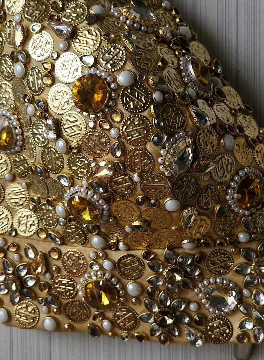 Hand Embroidered Gold Bejeweled Blouse, Kundan Embellished, Spaghetti Top DVBL_510