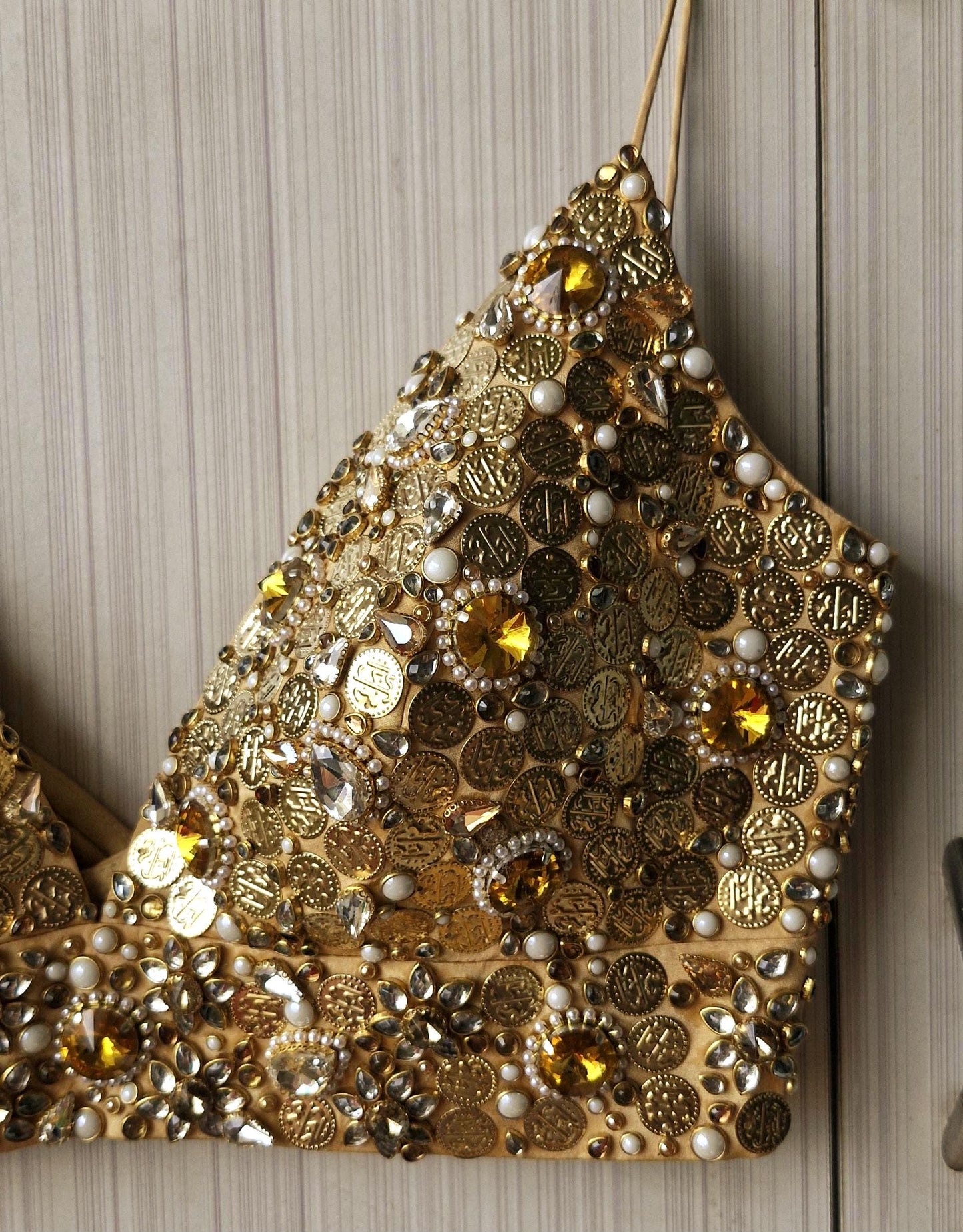 Hand Embroidered Gold Bejeweled Blouse, Kundan Embellished, Spaghetti Top DVBL_510