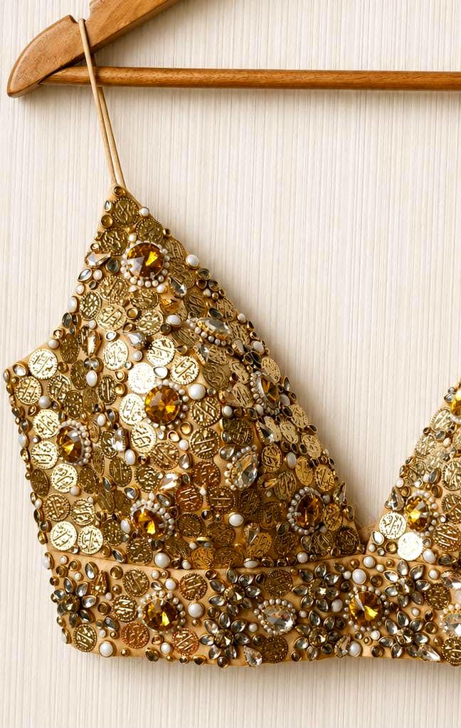 Hand Embroidered Gold Bejeweled Blouse, Kundan Embellished, Spaghetti Top DVBL_510