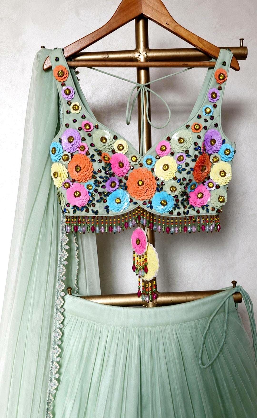 Hand Embroidered Mint Green Net Lehenga Set- Wedding Dress Mehendi Lehenga DVMTD_0300