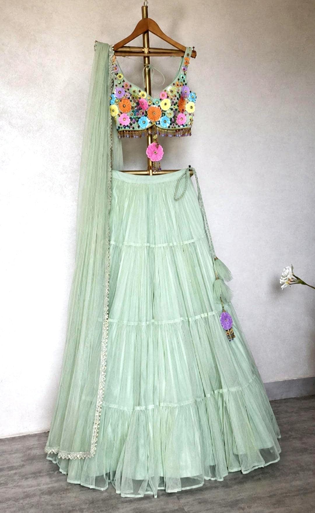 Hand Embroidered Mint Green Net Lehenga Set- Wedding Dress Mehendi Lehenga DVMTD_0300