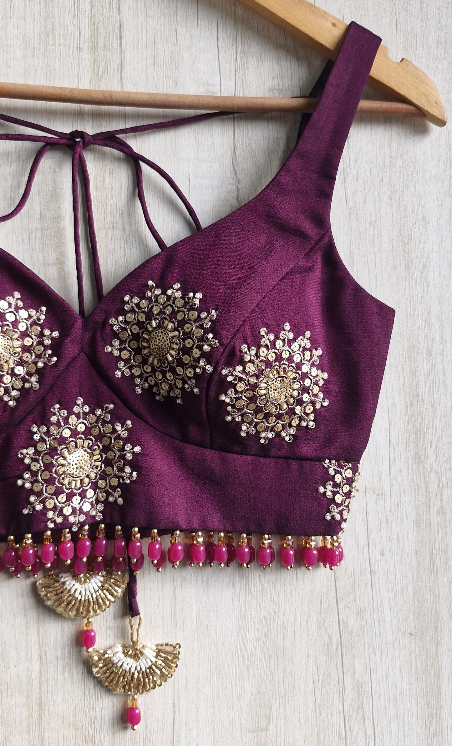 Wine Embroidered Silk Blouse -Sweetheart Neck Sleeveless DVBL_515