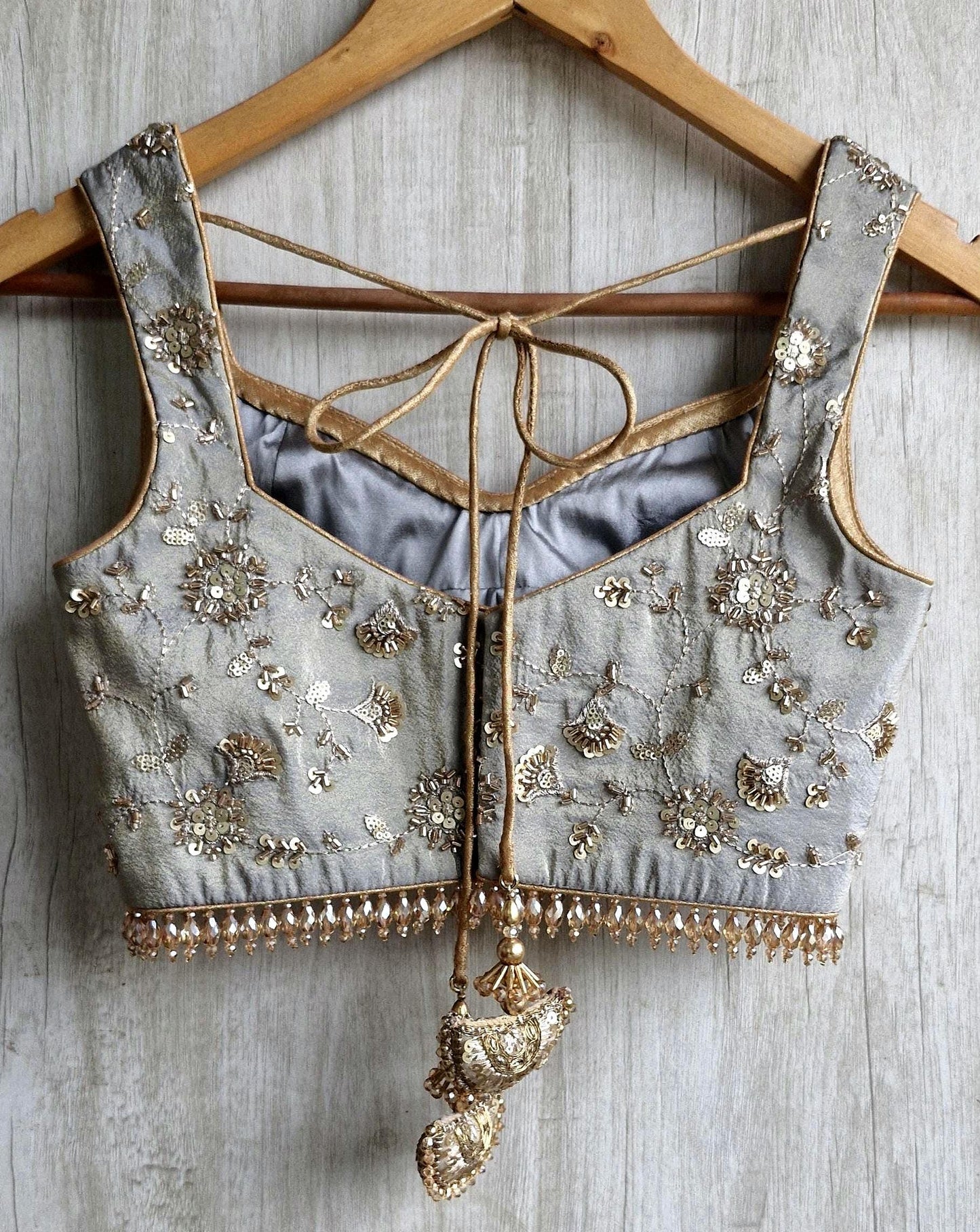 Grey Embroidered Tissue Silk Blouse Sweetheart Neck DVBL_517