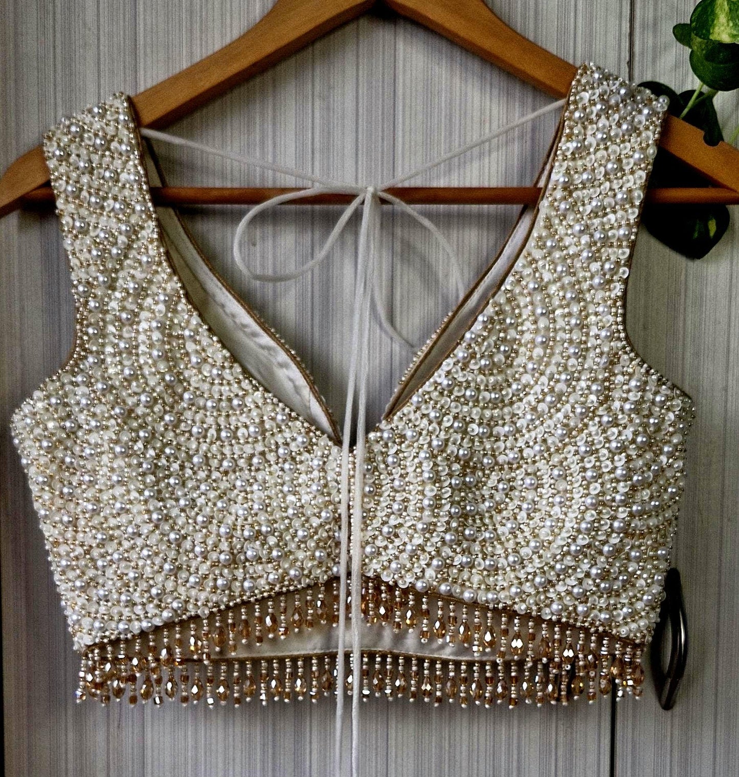 Hand Embroidered Ivory Gold Saree Blouse, V Neck, Beads & Sequins DVBL_518