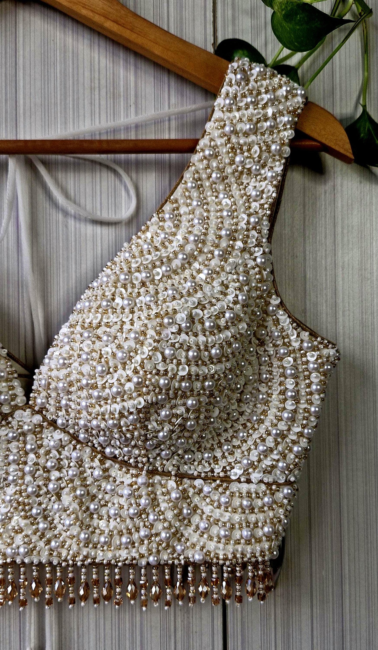 Hand Embroidered Ivory Gold Saree Blouse, V Neck, Beads & Sequins DVBL_518