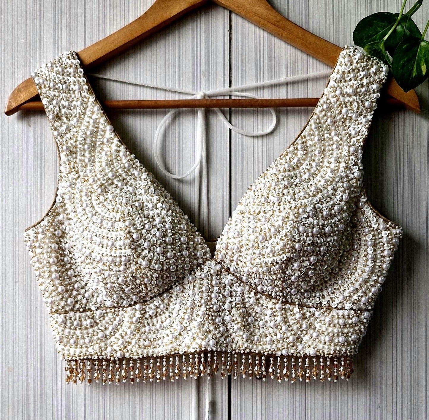 Hand Embroidered Ivory Gold Saree Blouse, V Neck, Beads & Sequins DVBL_518