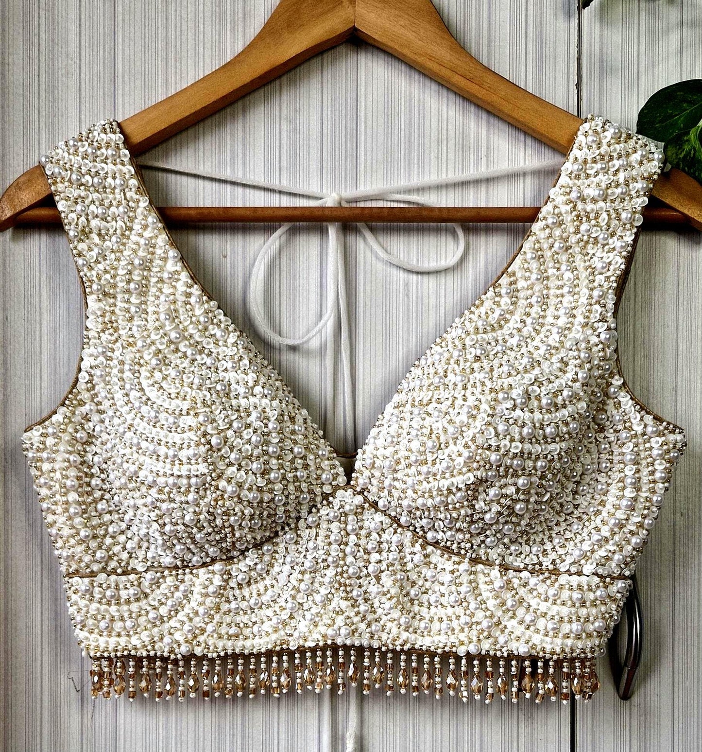 Hand Embroidered Ivory Gold Saree Blouse, V Neck, Beads & Sequins DVBL_518