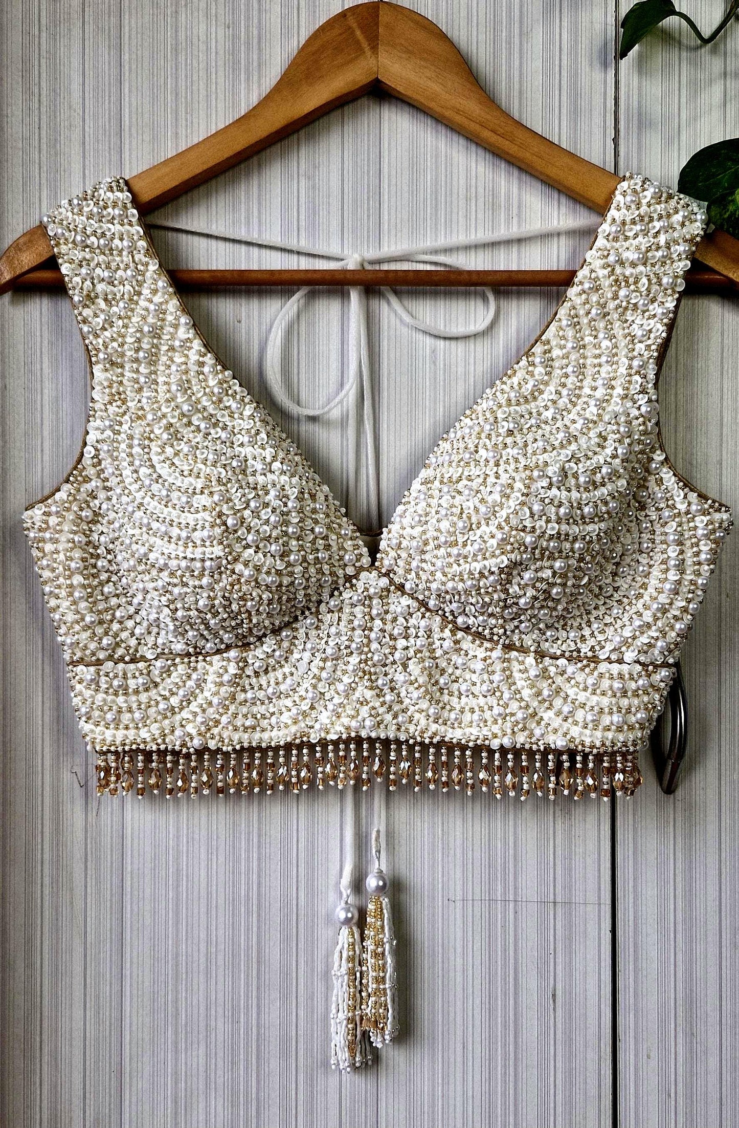 Hand Embroidered Ivory Gold Saree Blouse, V Neck, Beads & Sequins DVBL_518