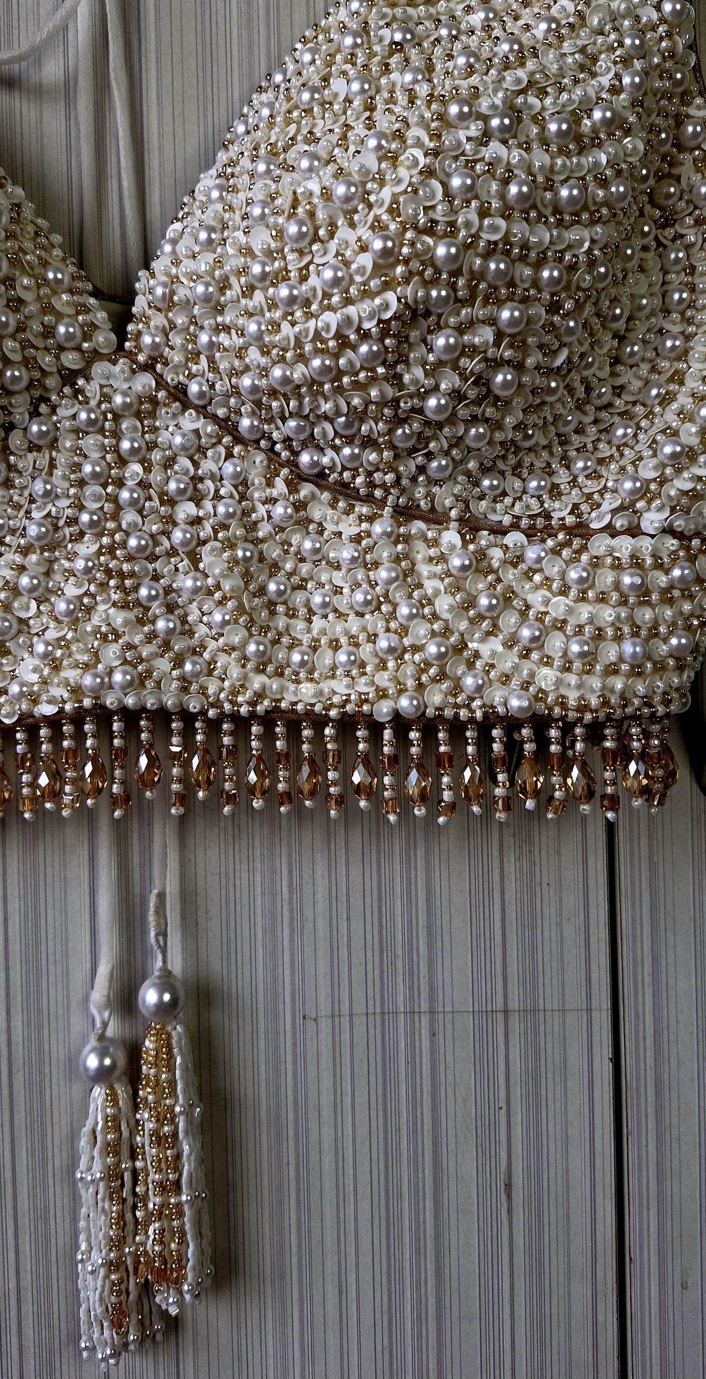 Hand Embroidered Ivory Gold Saree Blouse, V Neck, Beads & Sequins DVBL_518