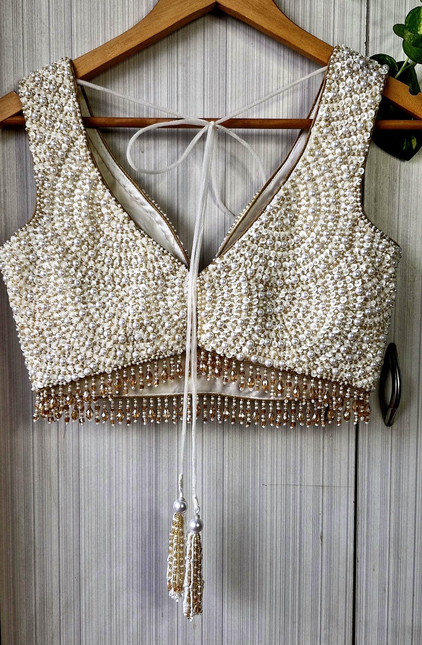 Hand Embroidered Ivory Gold Saree Blouse, V Neck, Beads & Sequins DVBL_518