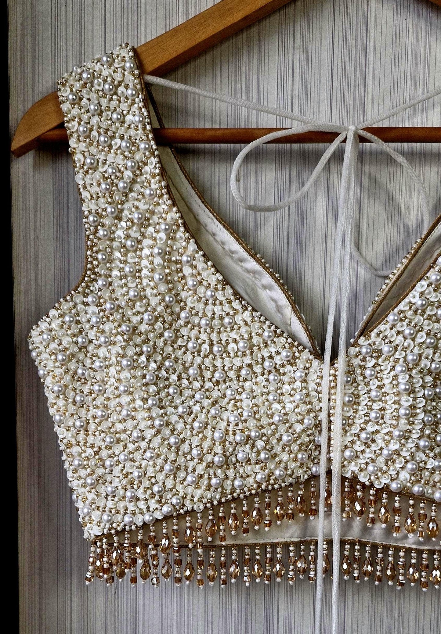 Hand Embroidered Ivory Gold Saree Blouse, V Neck, Beads & Sequins DVBL_518