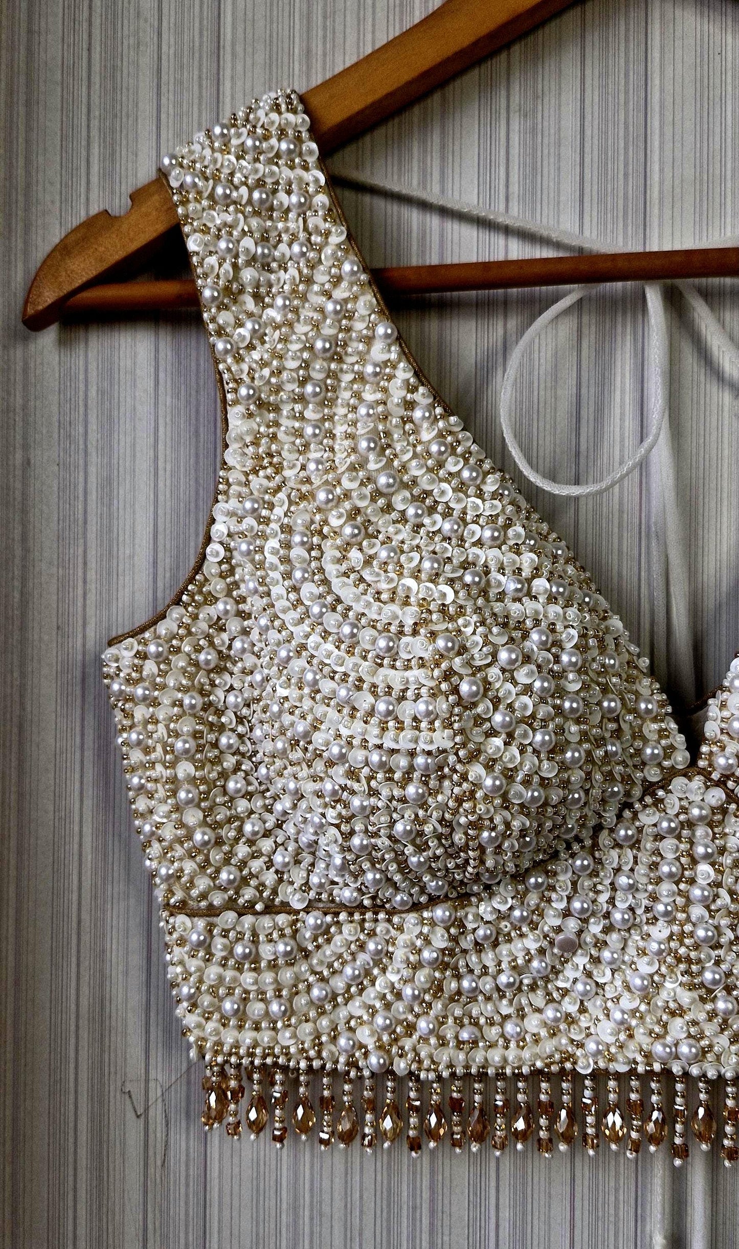 Hand Embroidered Ivory Gold Saree Blouse, V Neck, Beads & Sequins DVBL_518