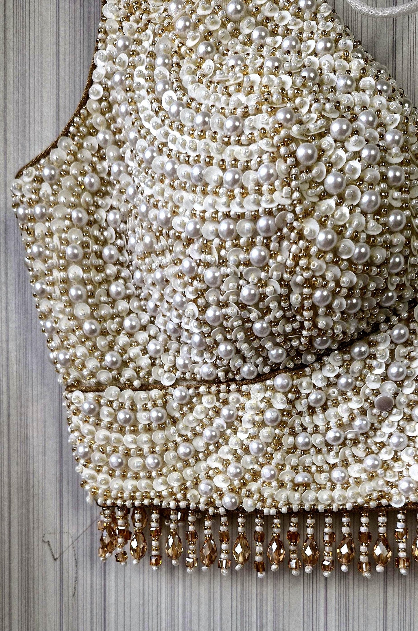 Hand Embroidered Ivory Gold Saree Blouse, V Neck, Beads & Sequins DVBL_518