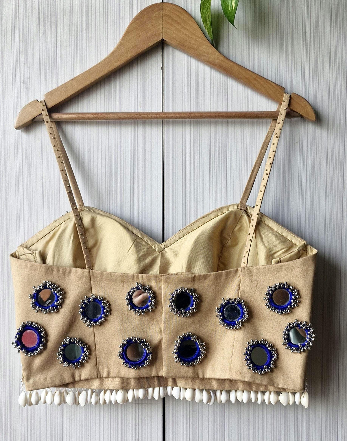 Beige Mirror Embroidered Silk Blouse, Handmade Beads Tassels, Spaghetti DVBL_525