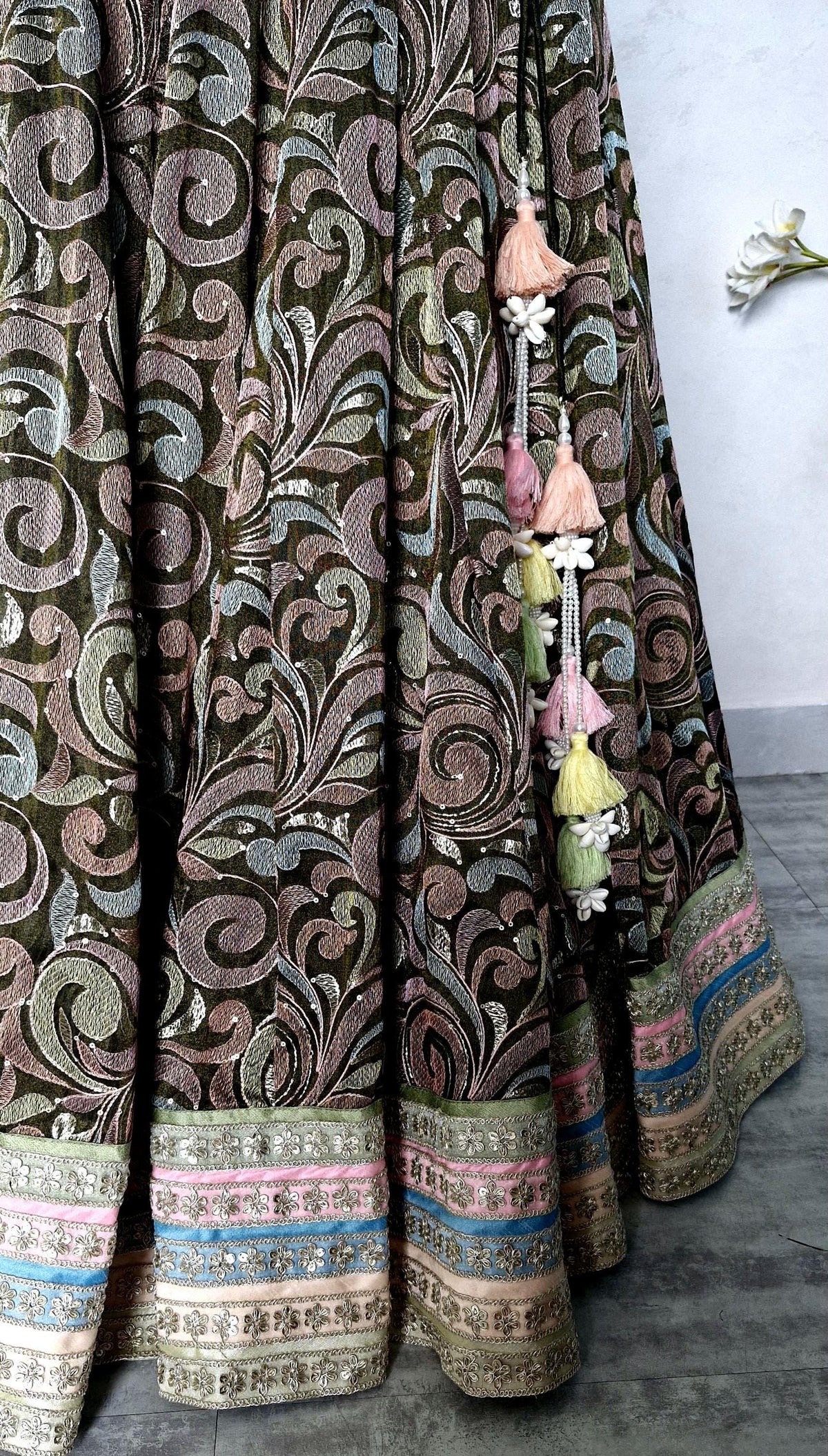 Olive Green Embroidered Tissue Silk Lehenga Choli DVMTD_0306