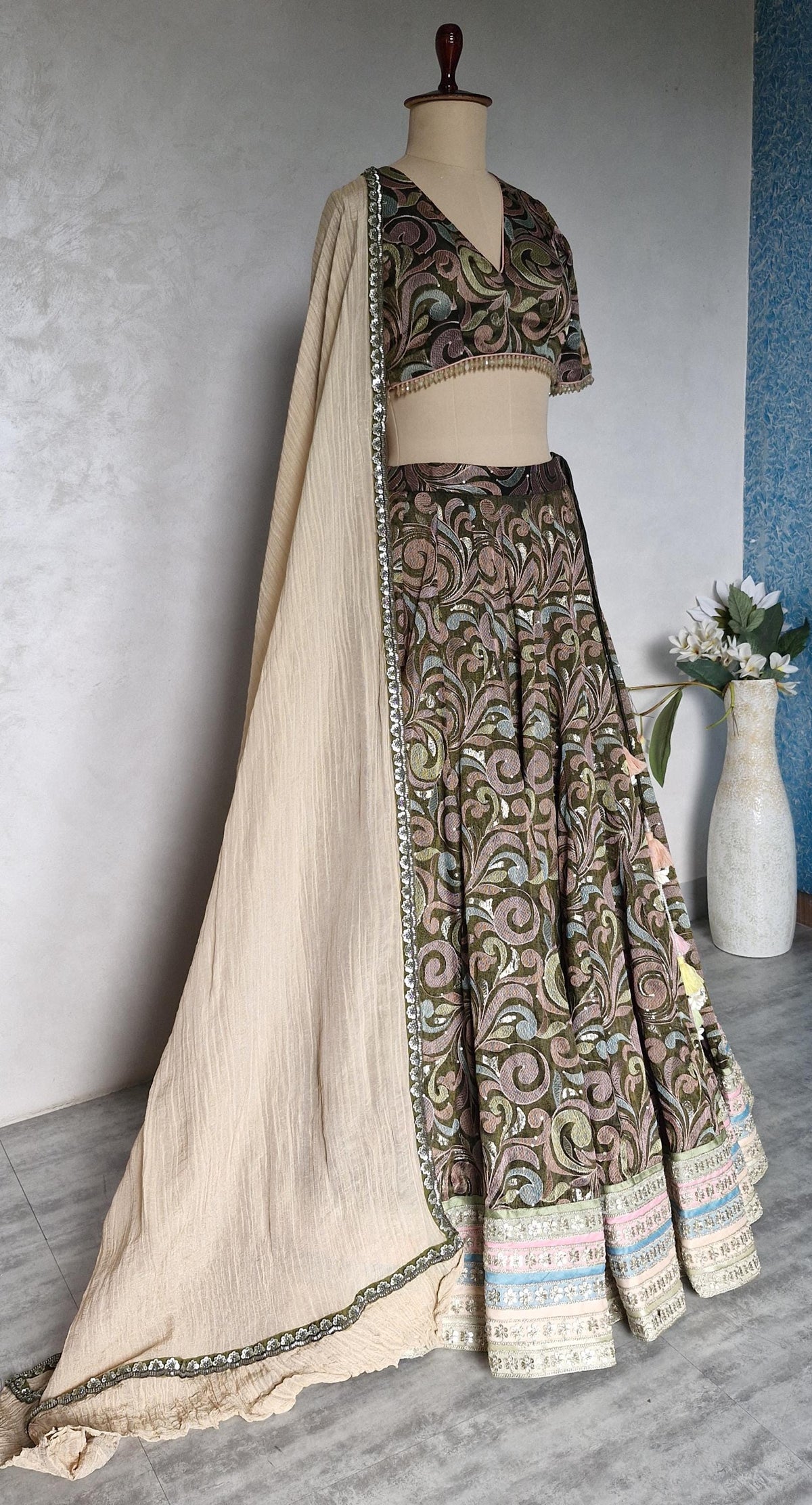 Olive Green Embroidered Tissue Silk Lehenga Choli DVMTD_0306