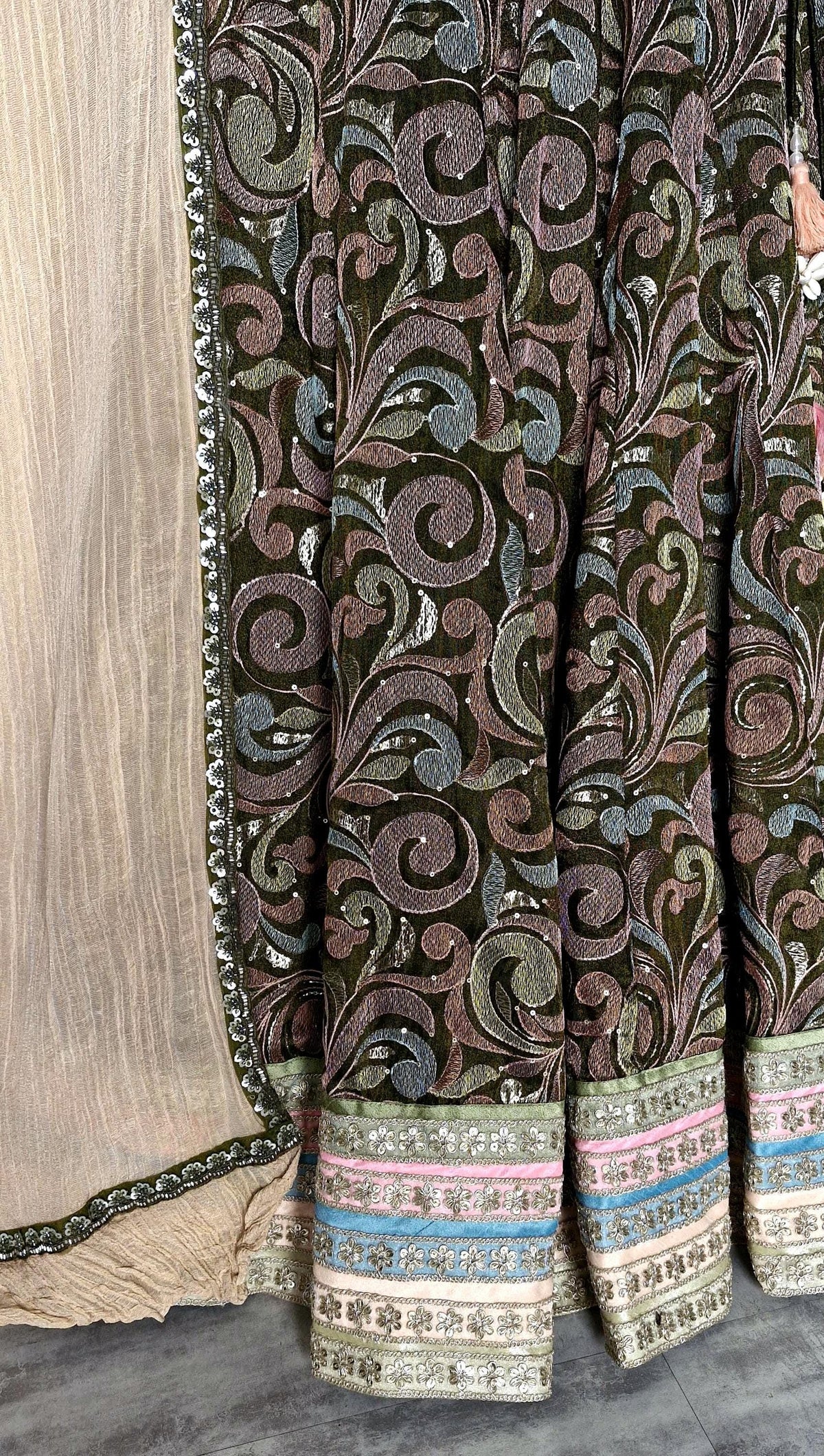 Olive Green Embroidered Tissue Silk Lehenga Choli DVMTD_0306