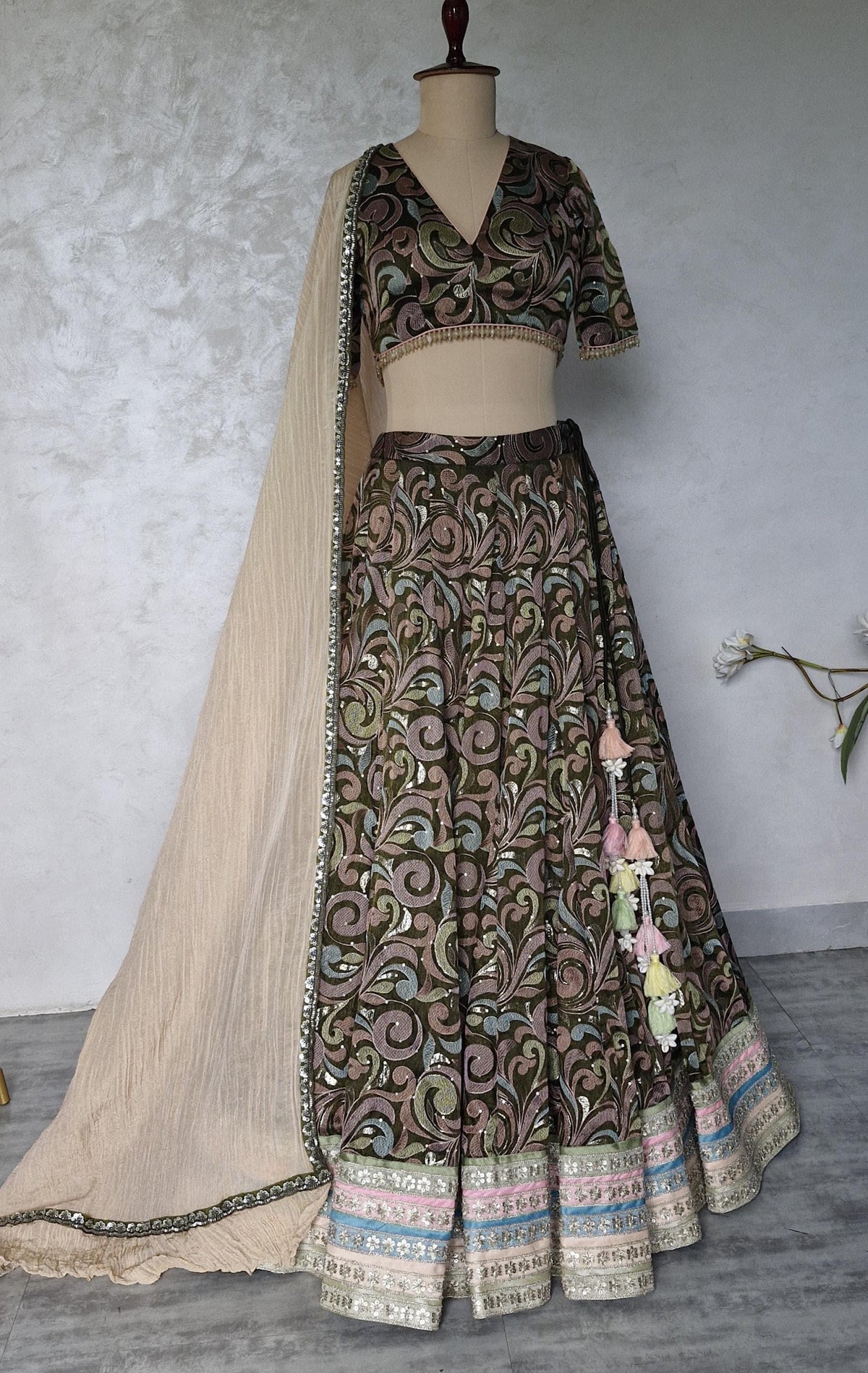 Olive Green Embroidered Tissue Silk Lehenga Choli DVMTD_0306