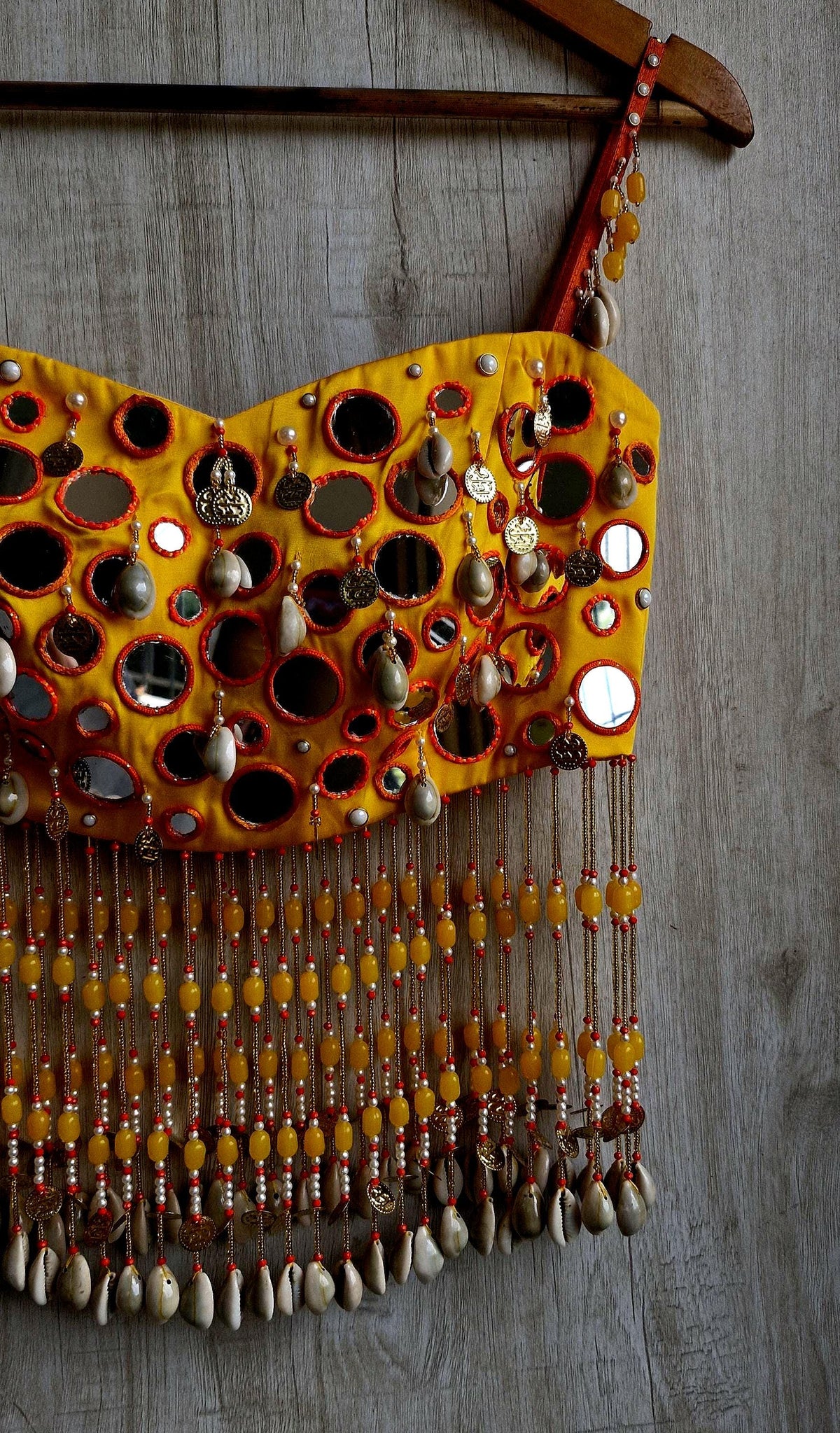 Amber Yellow Mirror Work Blouse, Handmade Beads Tassels, Spaghetti Dandiya Choli DVBL_529