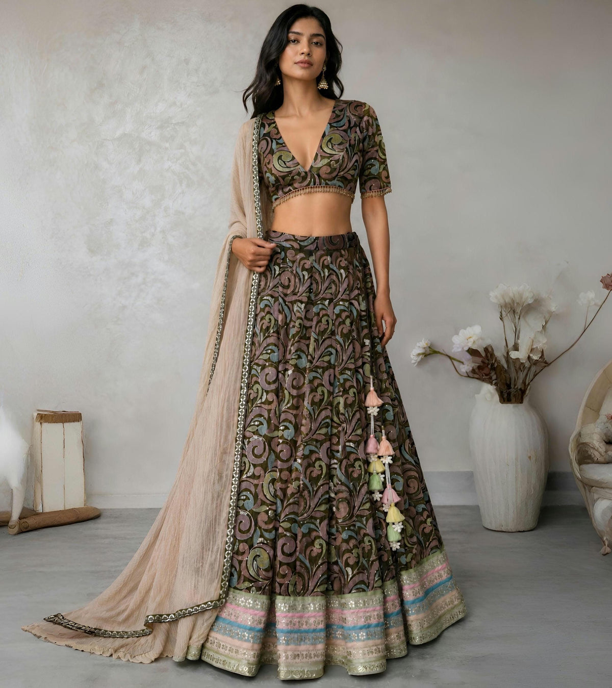 Olive Green Embroidered Tissue Silk Lehenga Choli DVMTD_0306