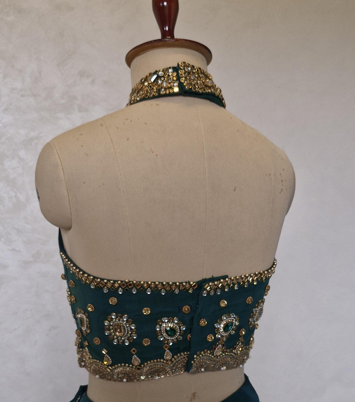 Green Hand Embroidered Bejeweled Blouse, Kundan Embellished, Halter Neck DVBL_531