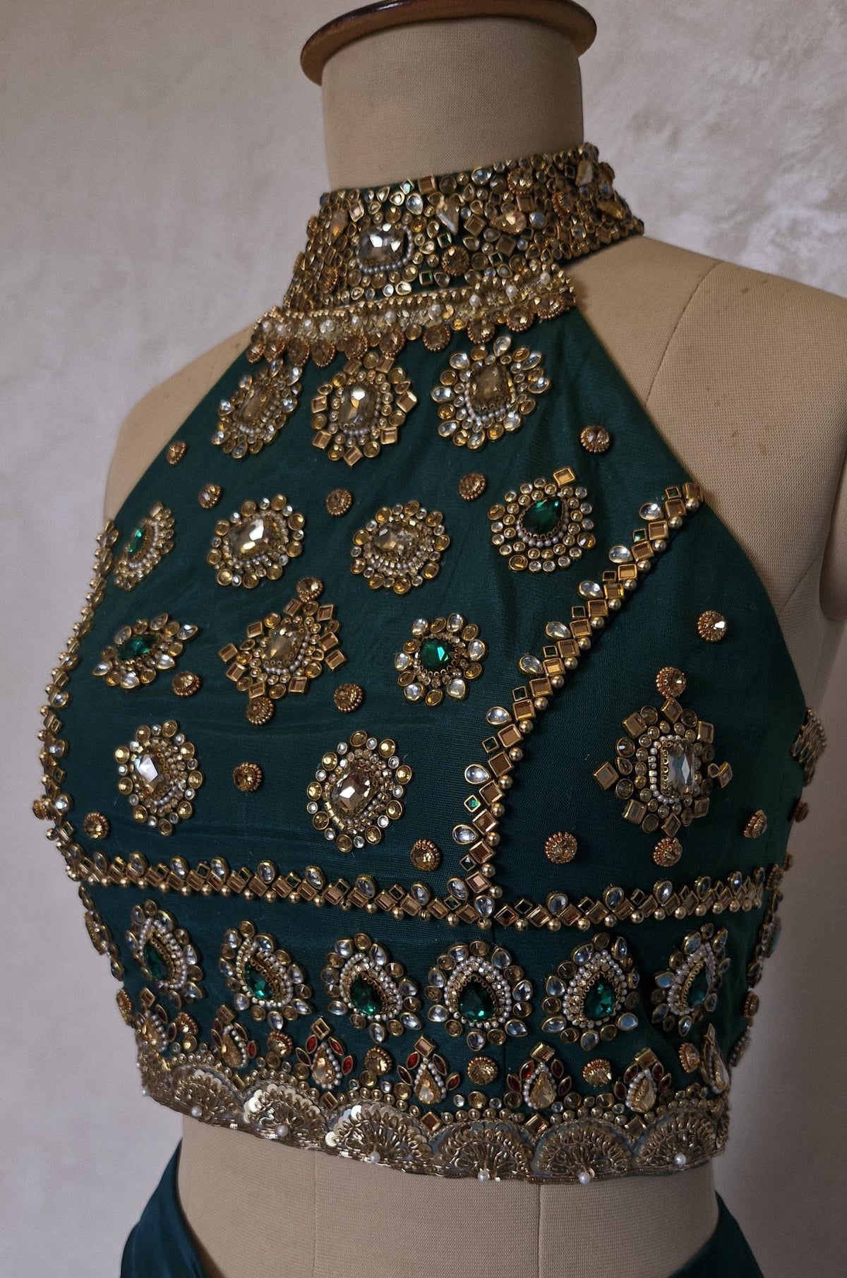 Green Hand Embroidered Bejeweled Blouse, Kundan Embellished, Halter Neck DVBL_531
