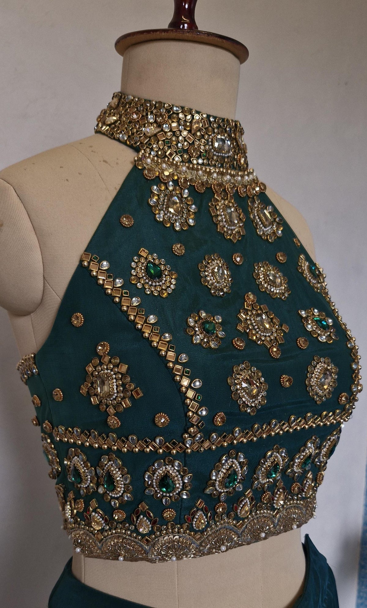 Green Hand Embroidered Bejeweled Blouse, Kundan Embellished, Halter Neck DVBL_531