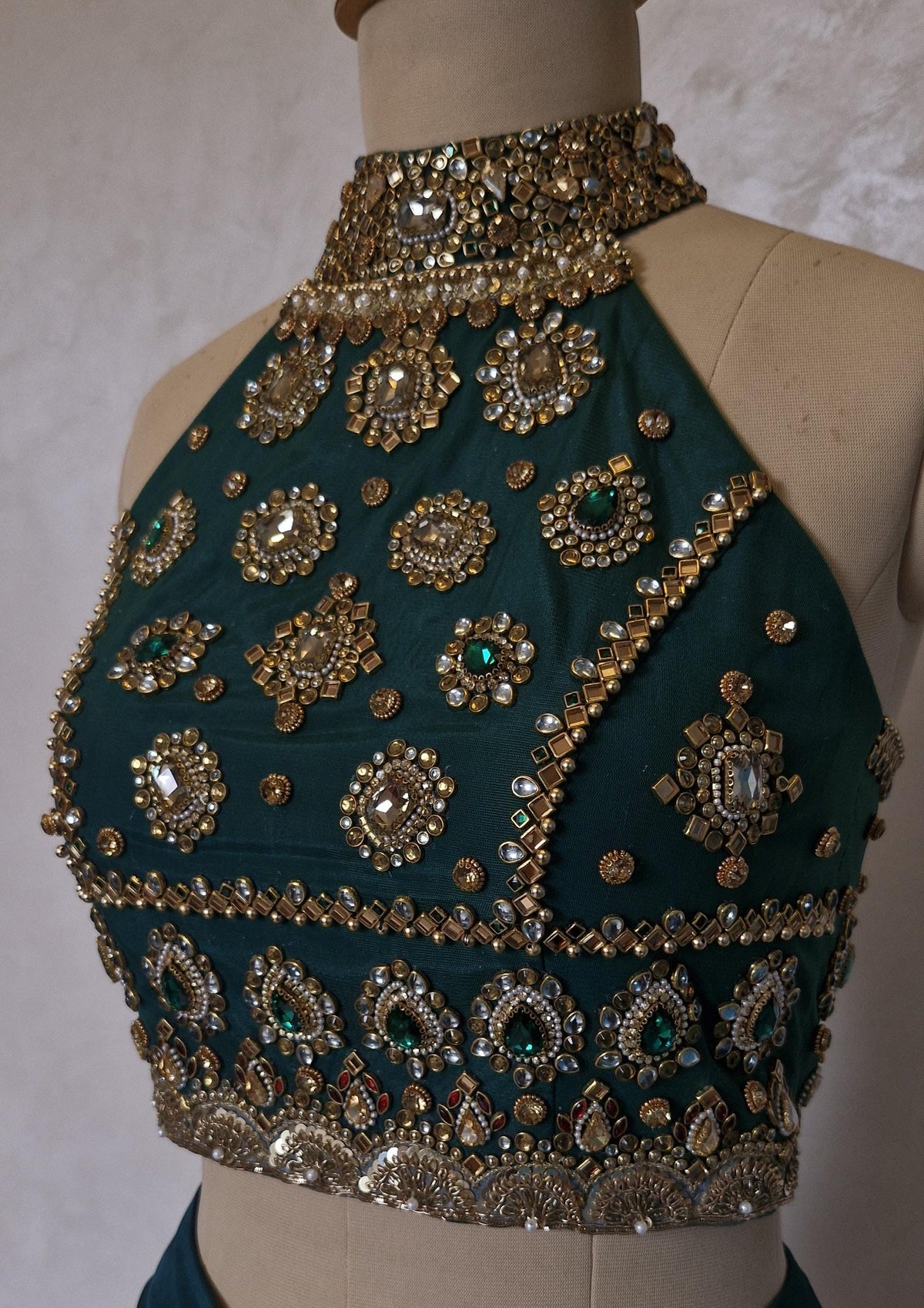 Green Hand Embroidered Bejeweled Blouse, Kundan Embellished, Halter Neck DVBL_531