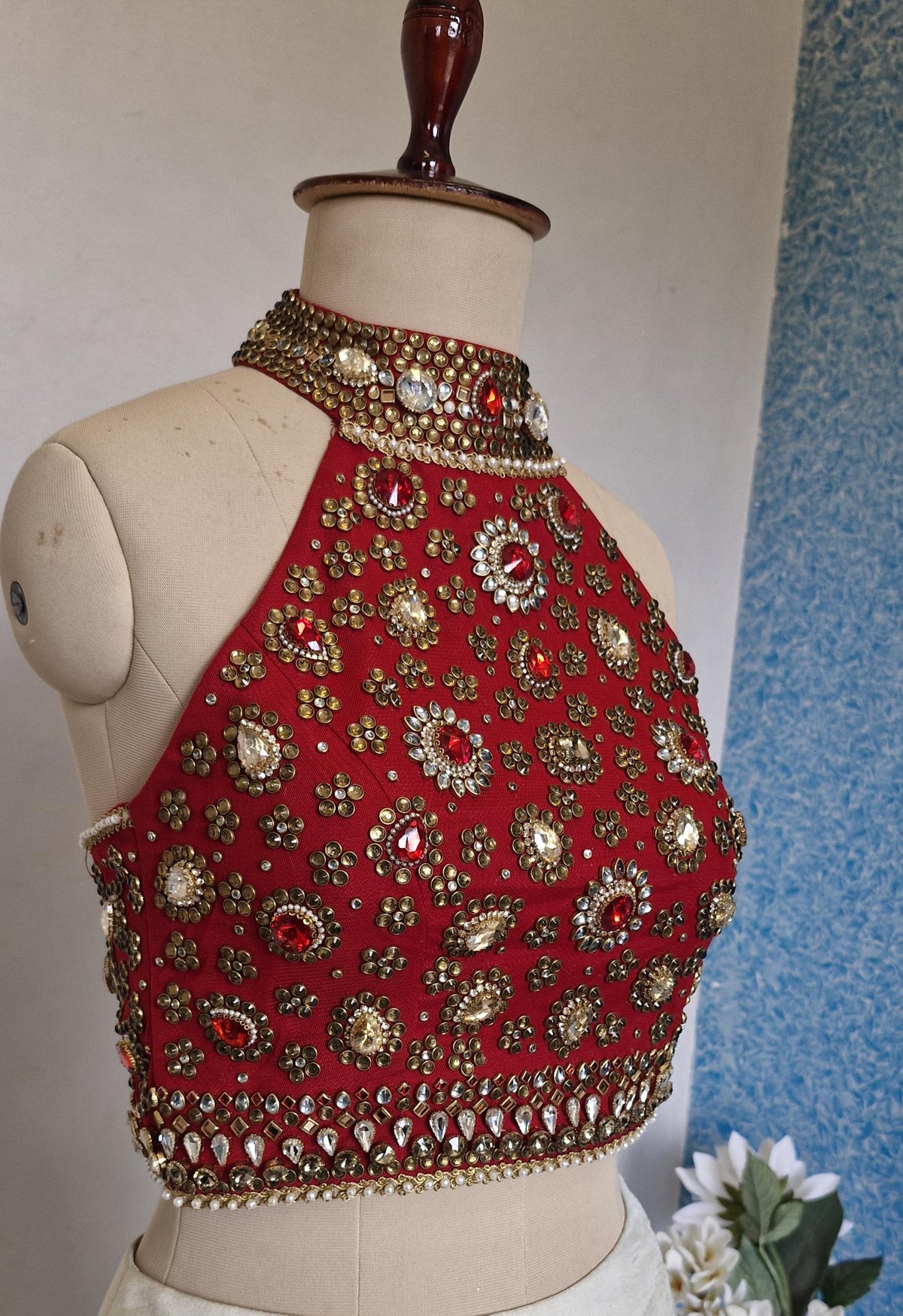 Red Hand Embroidered Bejeweled Blouse, Kundan Embellished, Halter Neck DVBL_532