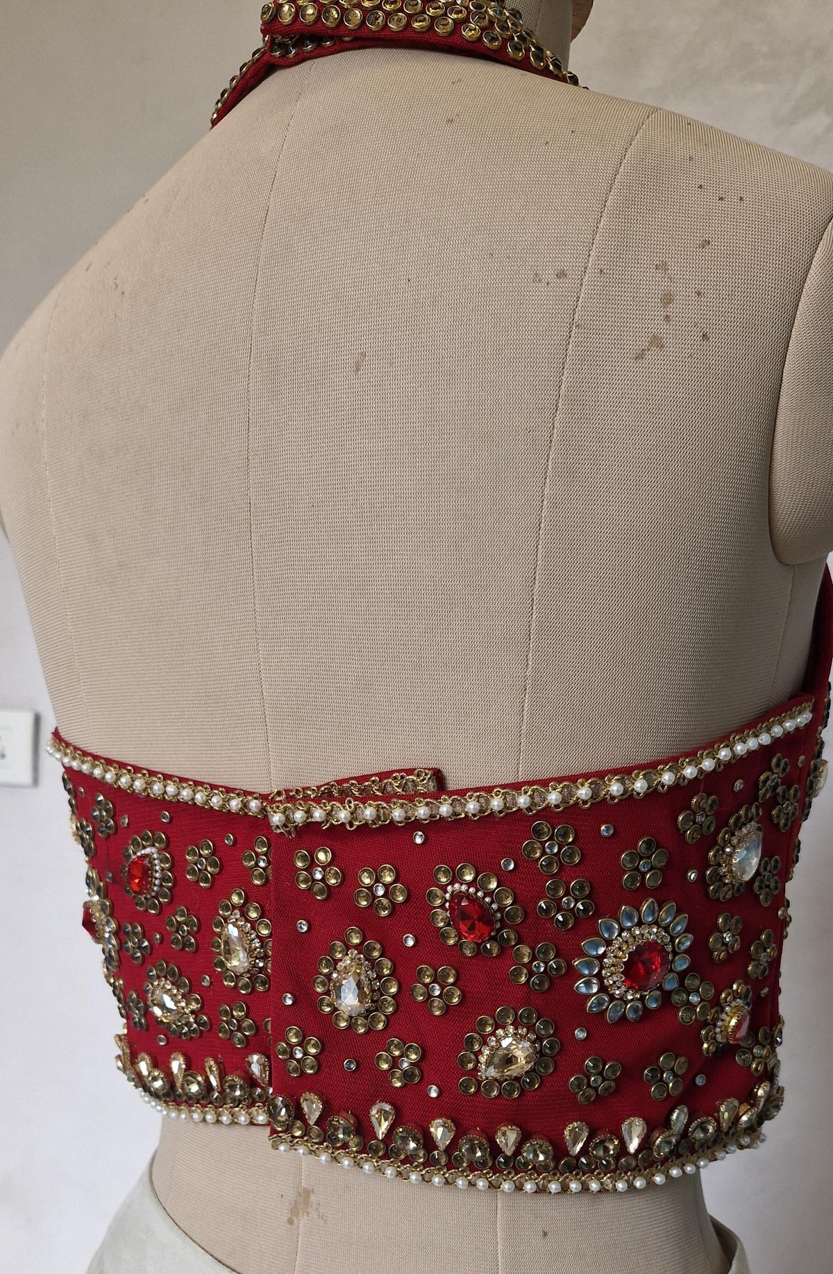 Red Hand Embroidered Bejeweled Blouse, Kundan Embellished, Halter Neck DVBL_532