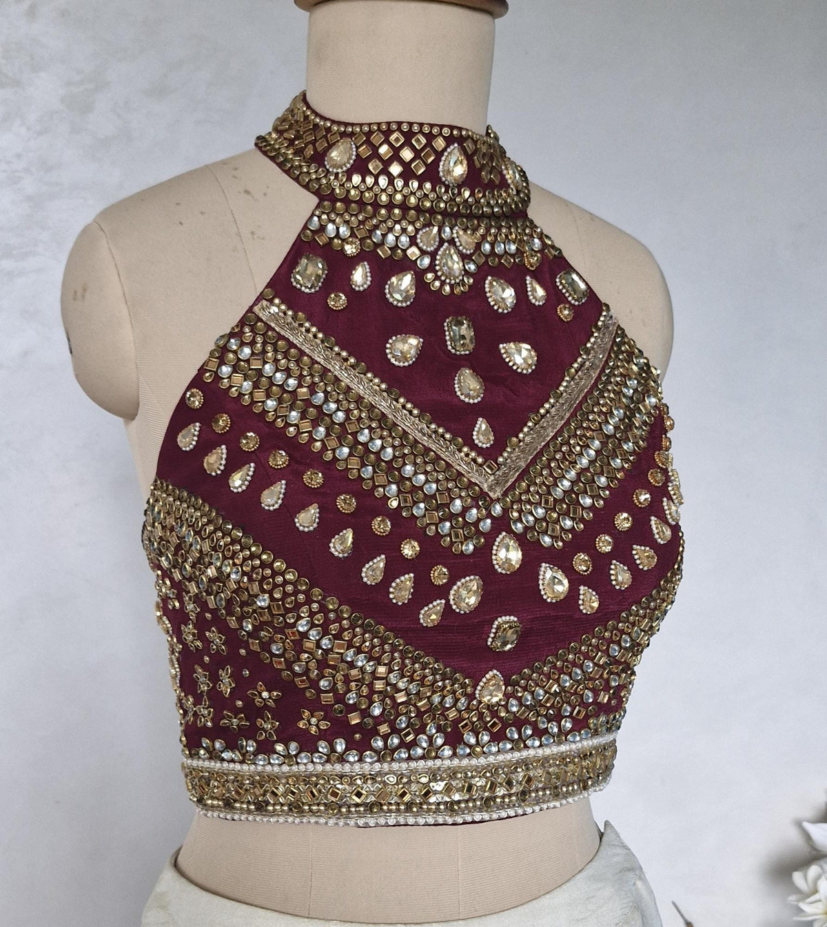 Wine Hand Embroidered Bejeweled Blouse, Kundan Embellished, Halter Neck DVBL_531