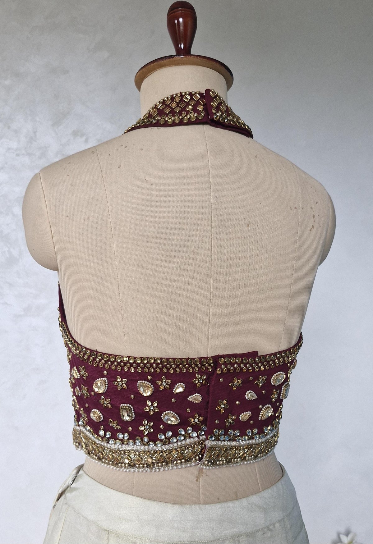 Wine Hand Embroidered Bejeweled Blouse, Kundan Embellished, Halter Neck DVBL_531