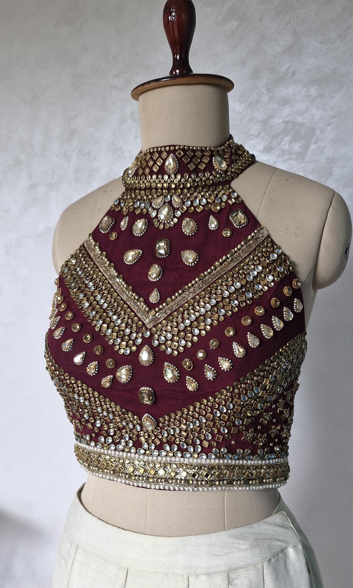 Wine Hand Embroidered Bejeweled Blouse, Kundan Embellished, Halter Neck DVBL_531