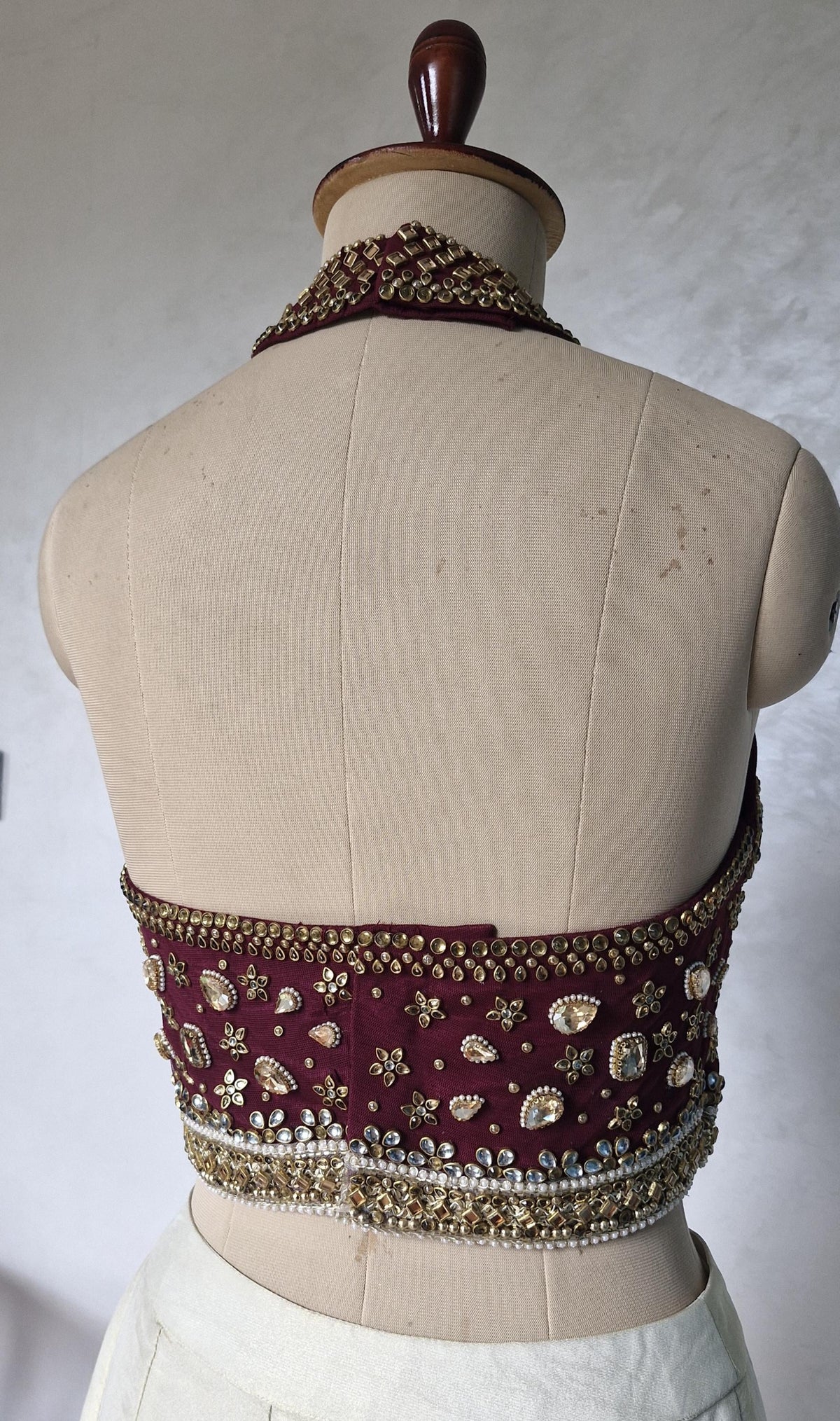Wine Hand Embroidered Bejeweled Blouse, Kundan Embellished, Halter Neck DVBL_531