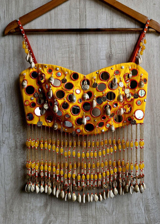 Amber Yellow Mirror Work Blouse, Handmade Beads Tassels, Spaghetti Dandiya Choli DVBL_529