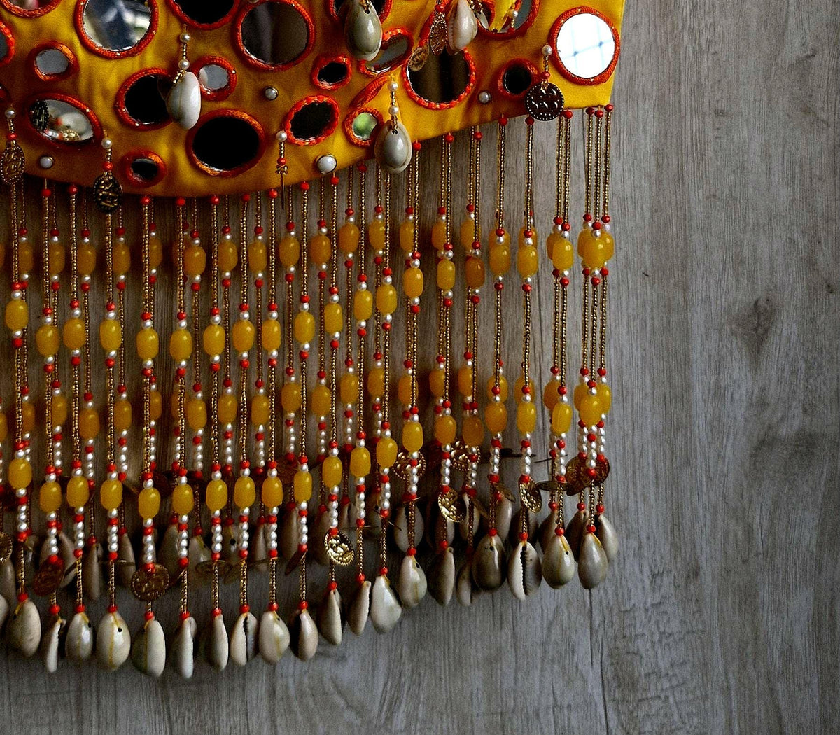 Amber Yellow Mirror Work Blouse, Handmade Beads Tassels, Spaghetti Dandiya Choli DVBL_529