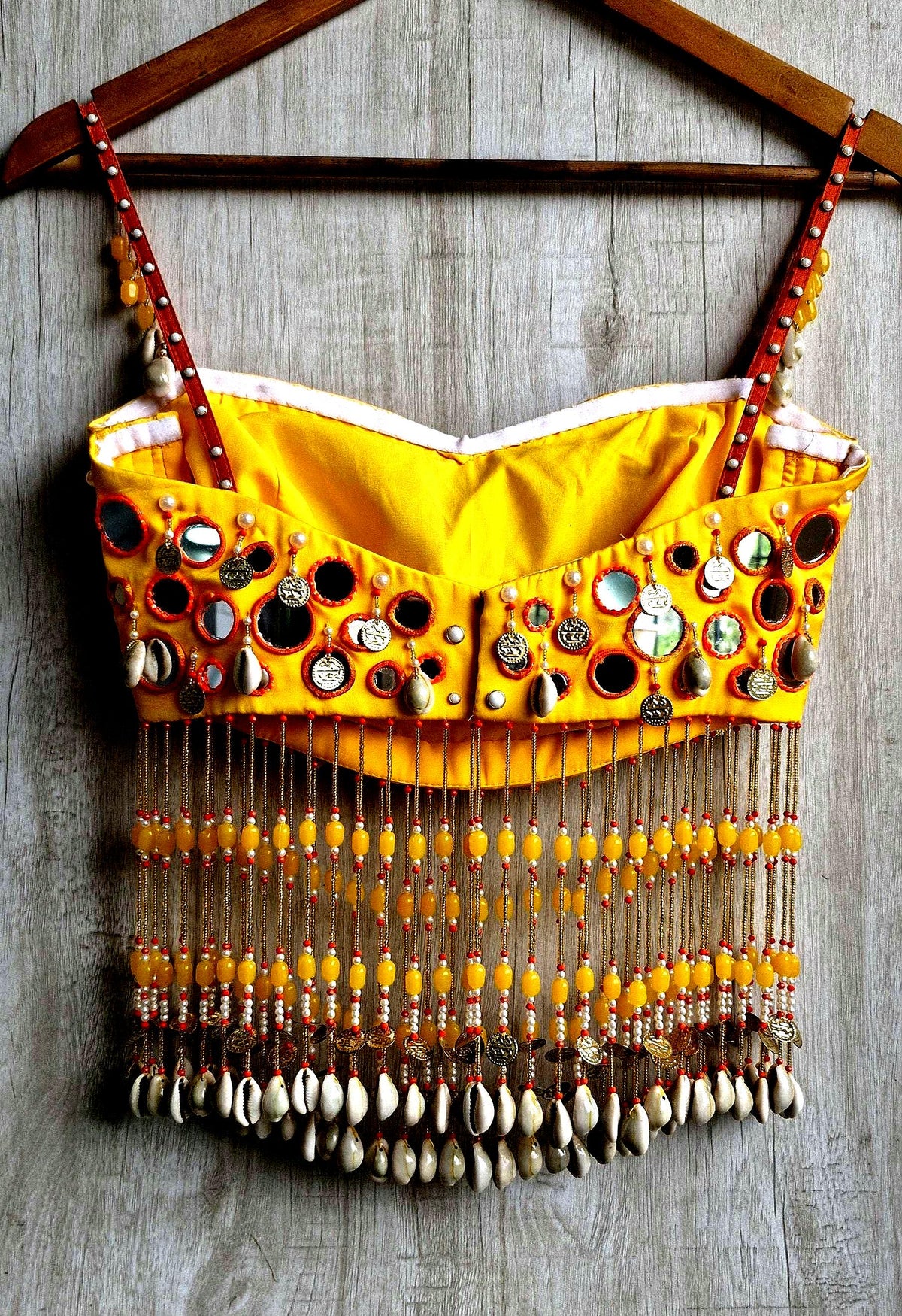Amber Yellow Mirror Work Blouse, Handmade Beads Tassels, Spaghetti Dandiya Choli DVBL_529