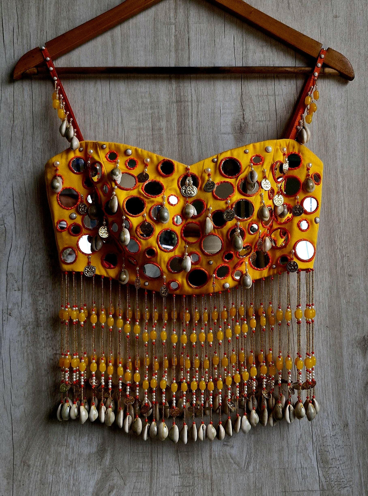 Amber Yellow Mirror Work Blouse, Handmade Beads Tassels, Spaghetti Dandiya Choli DVBL_529