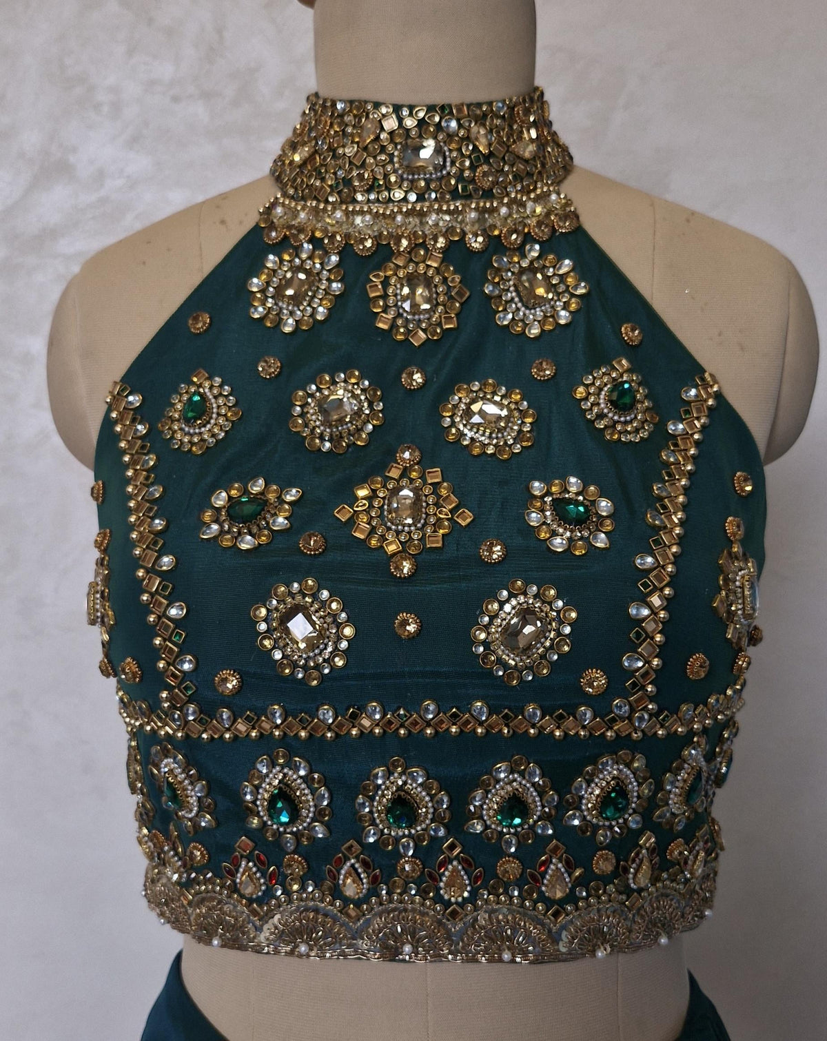 Green Hand Embroidered Bejeweled Blouse, Kundan Embellished, Halter Neck DVBL_531