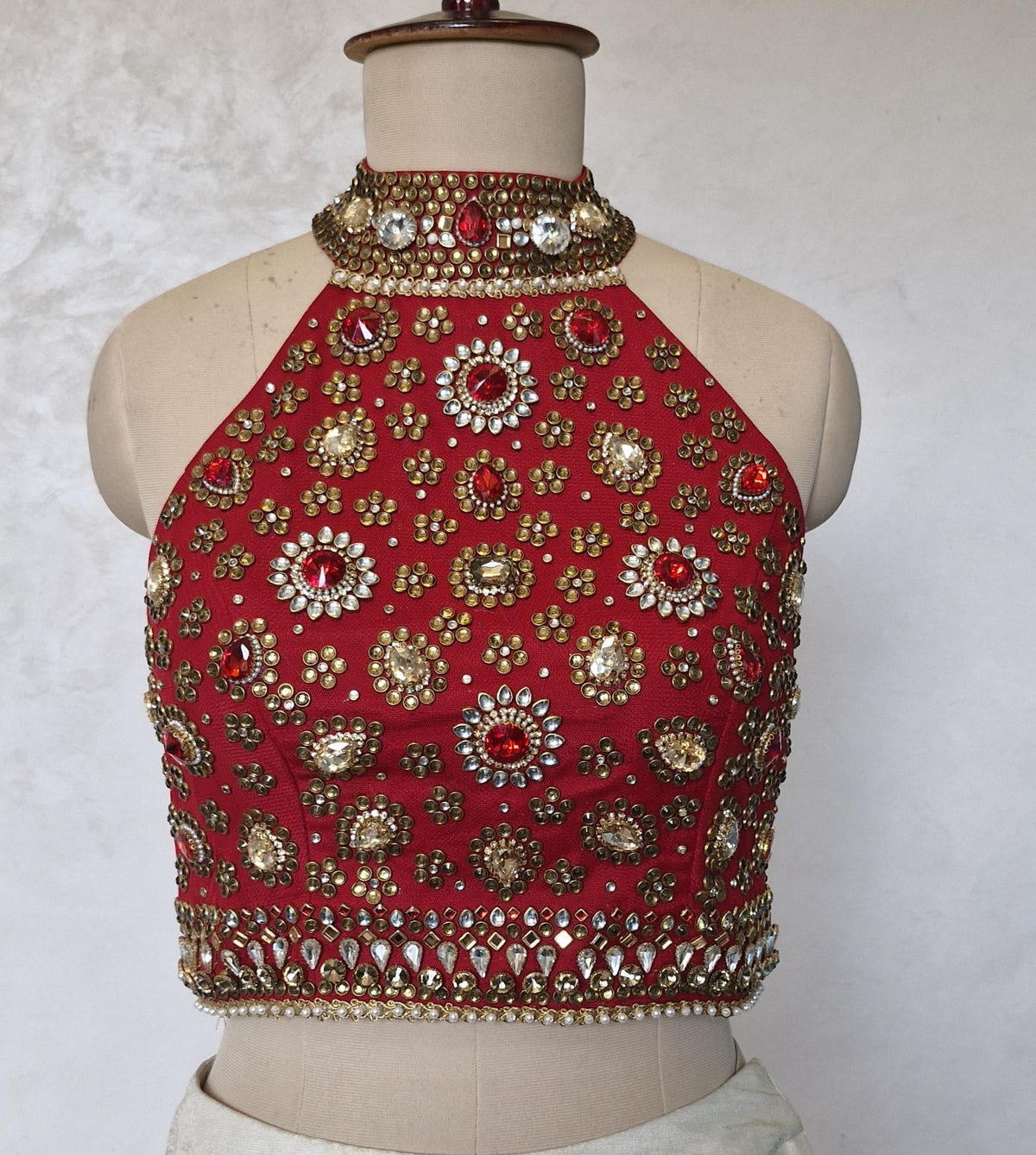Red Hand Embroidered Bejeweled Blouse, Kundan Embellished, Halter Neck DVBL_532