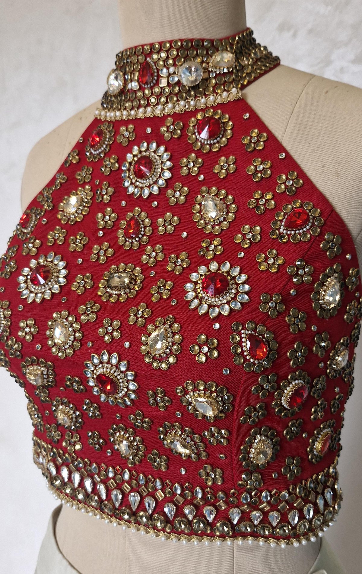 Red Hand Embroidered Bejeweled Blouse, Kundan Embellished, Halter Neck DVBL_532