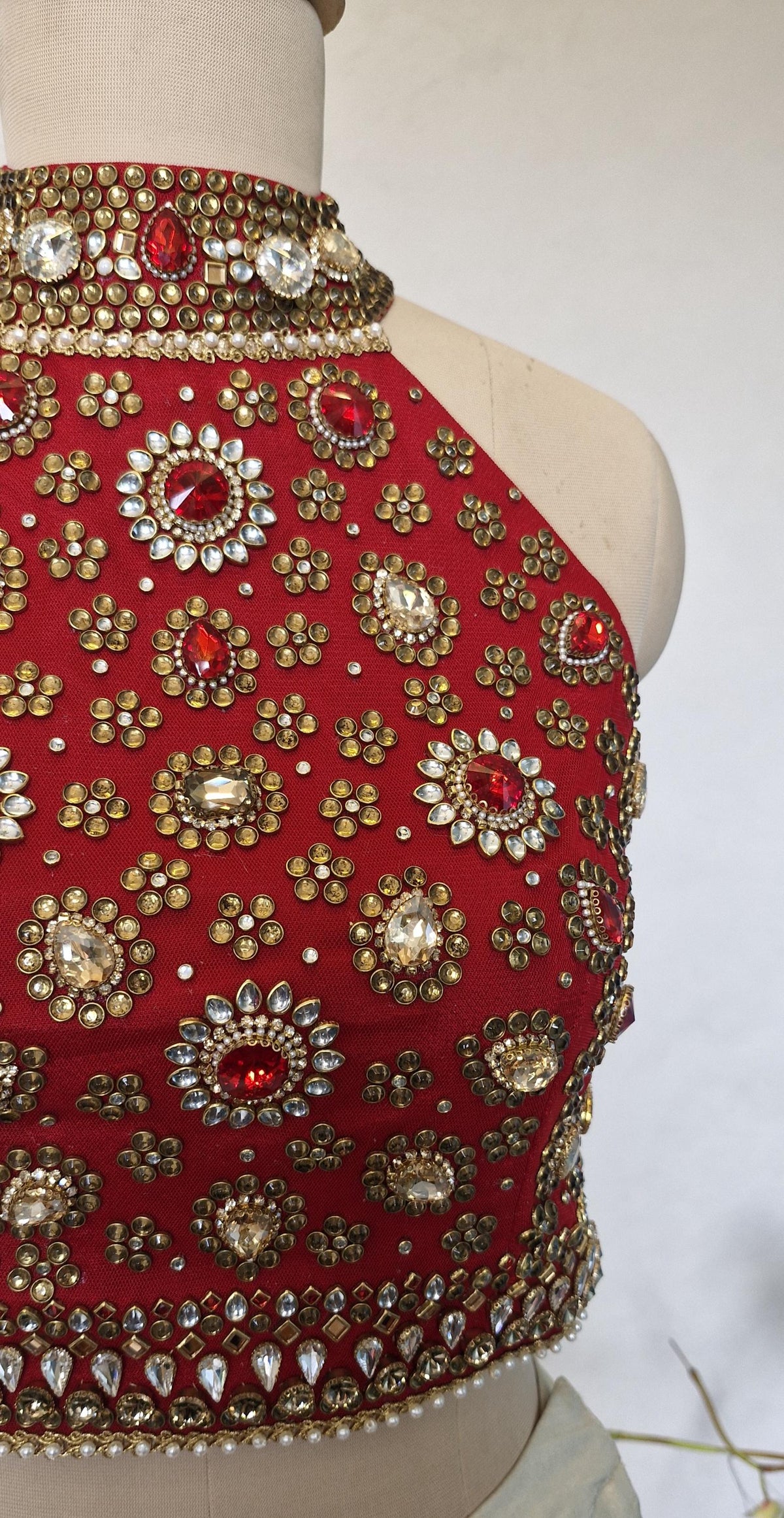 Red Hand Embroidered Bejeweled Blouse, Kundan Embellished, Halter Neck DVBL_532