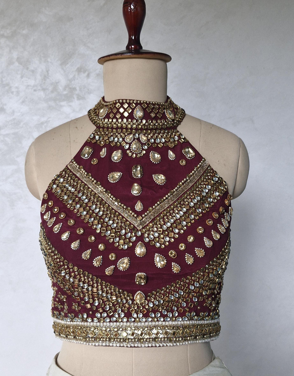 Wine Hand Embroidered Bejeweled Blouse, Kundan Embellished, Halter Neck DVBL_531