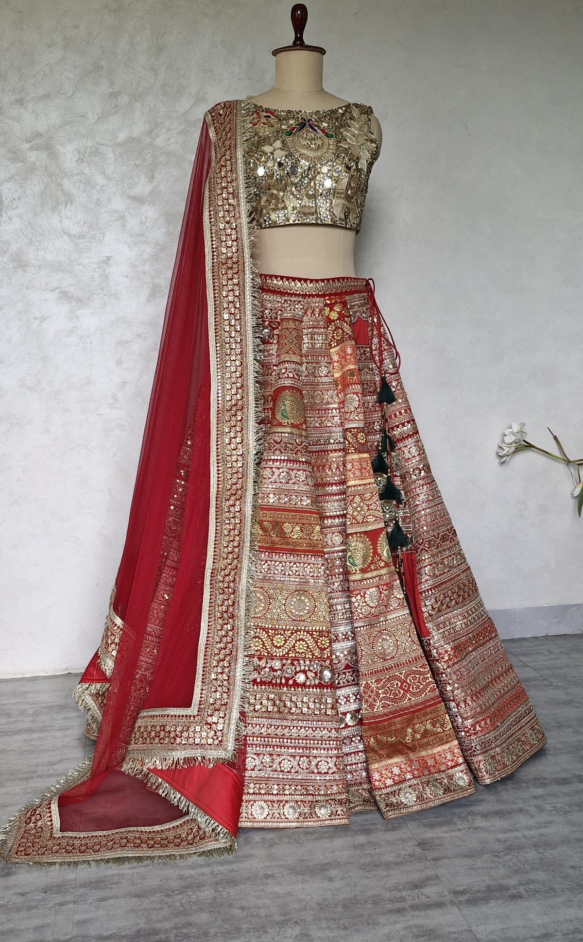 Red Embroidered Embellished Bridal Lehenga Choli DVMTD_0308