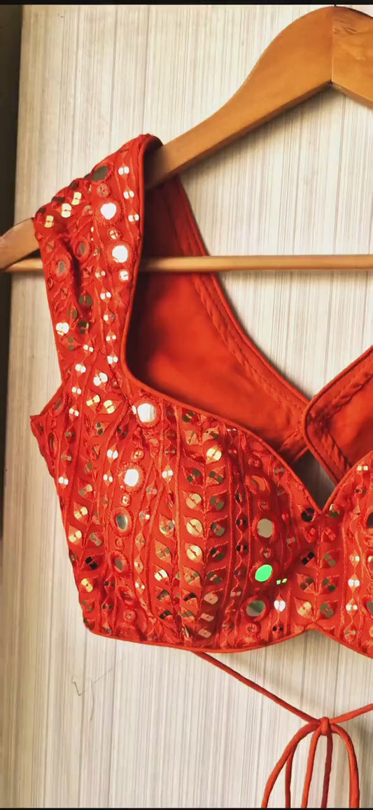 Burnt Orange Embroidered Georgette Saree Blouse, Cap Sleeves Sweetheart Neck DVBL_485