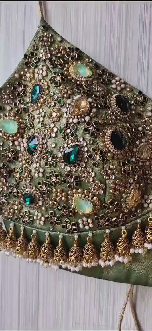 Hand Embroidered Green Saree Blouse, Kundan Embellishment, Bejeweled Bralette DVBL_507